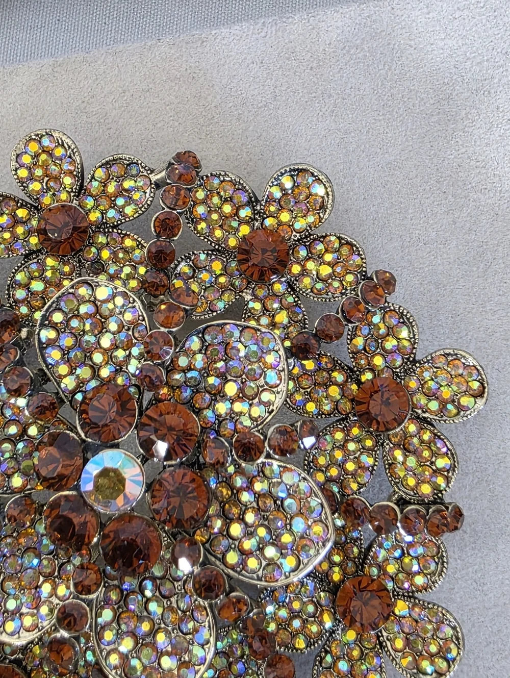 Vintage Oversized Aurora Borealis & Amber Floral Statement Double Pin Brooch